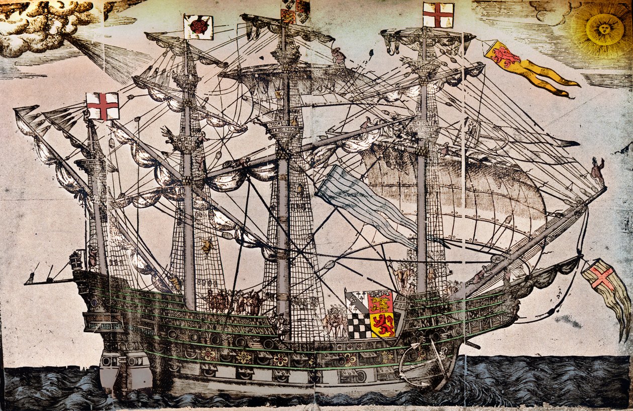 Ett träsnitt av ett skepp som tros vara The Ark Royal, c1587 av Unbekannt