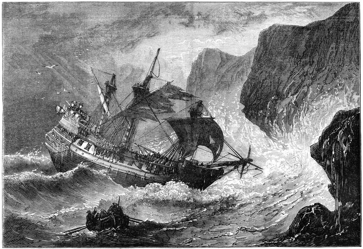Amiral Somers kör sitt skepp i land, Bermuda, 1609 c1880 av Unbekannt
