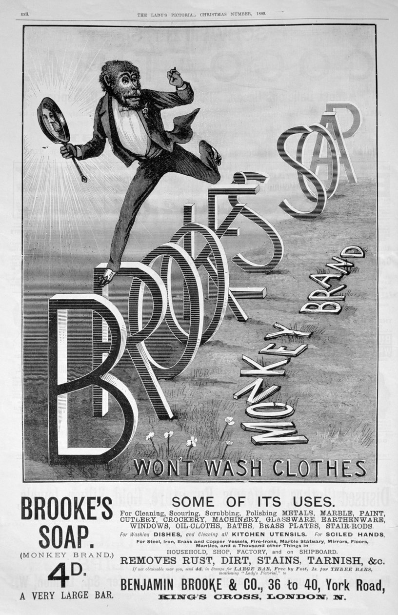 Annons för Brookes Monkey Brand tvål, 1889 av Unbekannt