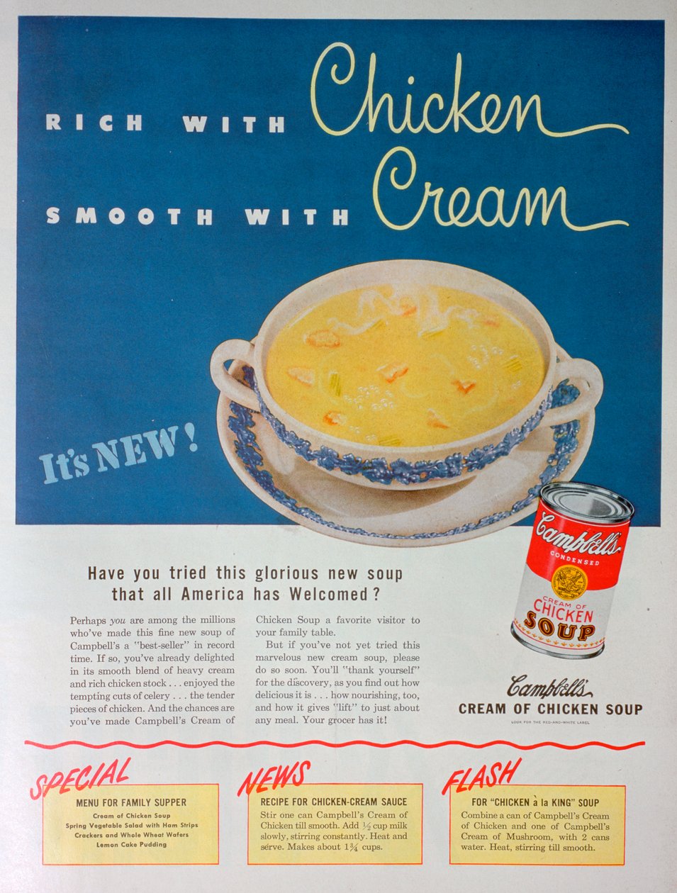 Annons för Campbells Condensed Cream of Chicken Soup, 1949 av Unbekannt
