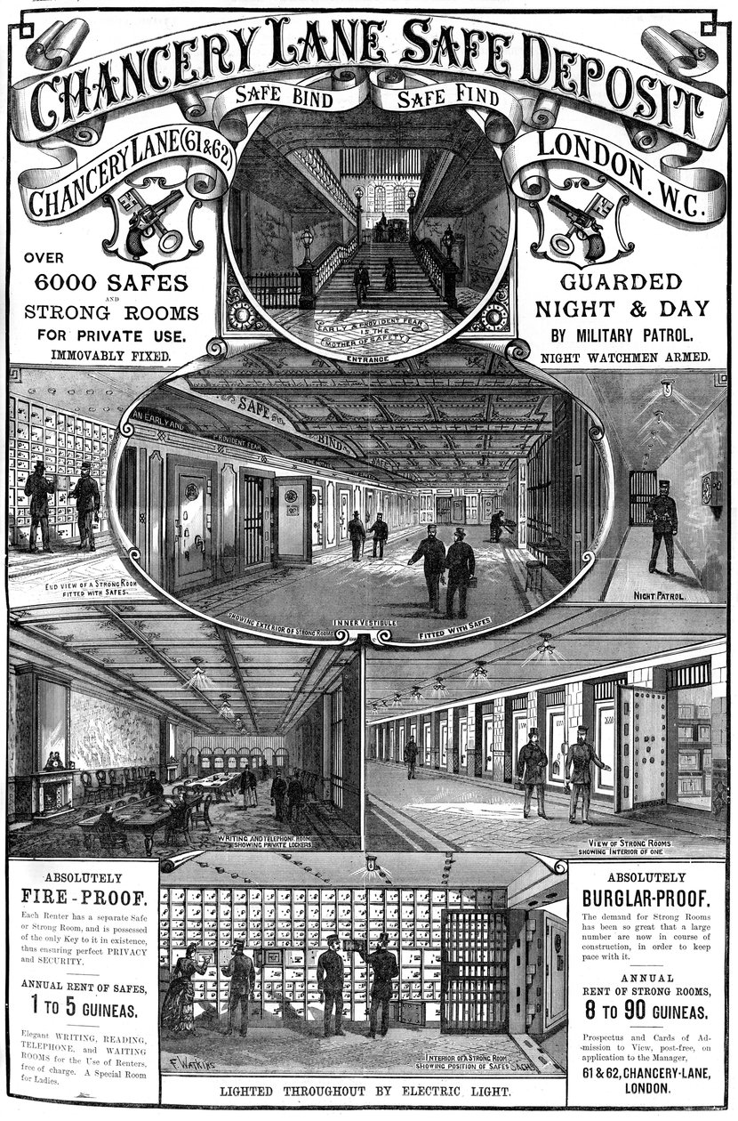 Annons för Chancery Lane Safe Deposit, London, 1887 av Unbekannt