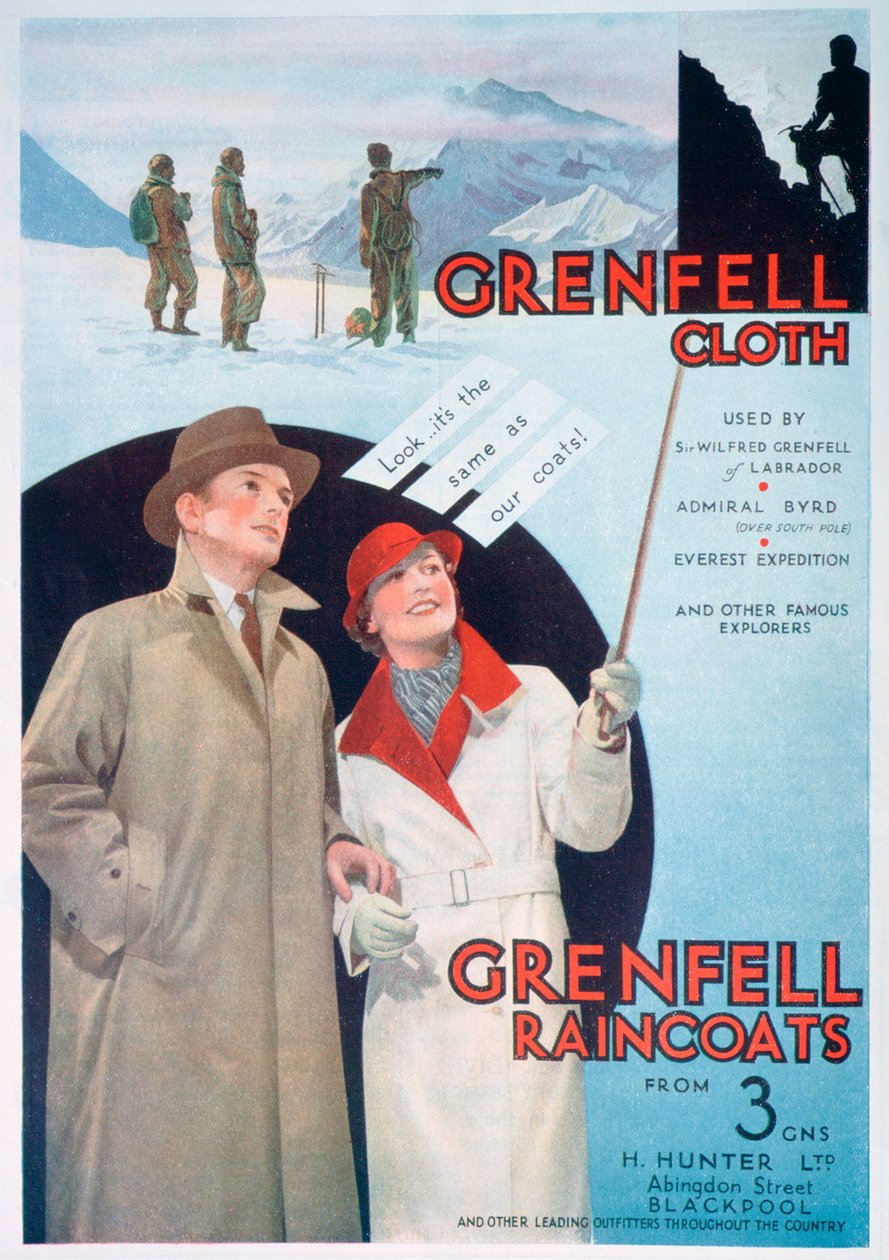 Annons för Grenfells tyg och regnrockar, 1937 av Unbekannt