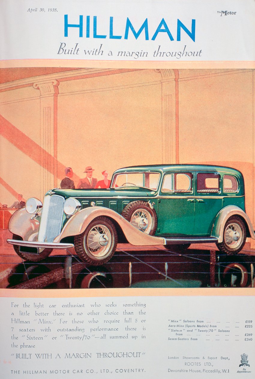 Annons för Hillman-bilar, 1935 av Unbekannt