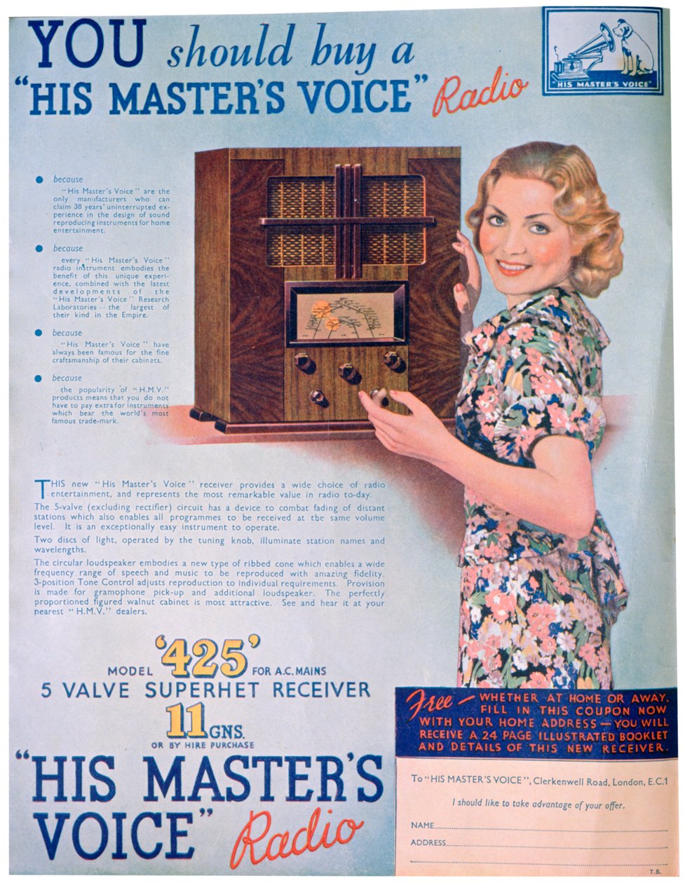 Annons för His Masters Voice-radioapparater, 1936 av Unbekannt
