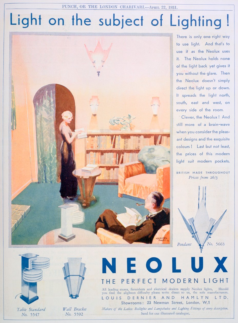 Annons för Neolux belysningsarmaturer, 1931 av Unbekannt