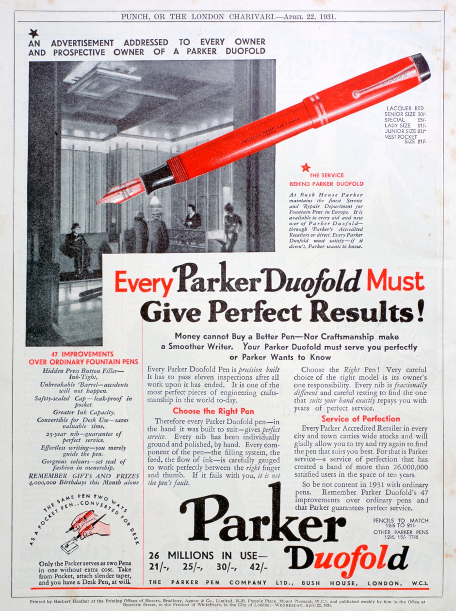 Annons för Parkers pennor, 1931 av Unbekannt