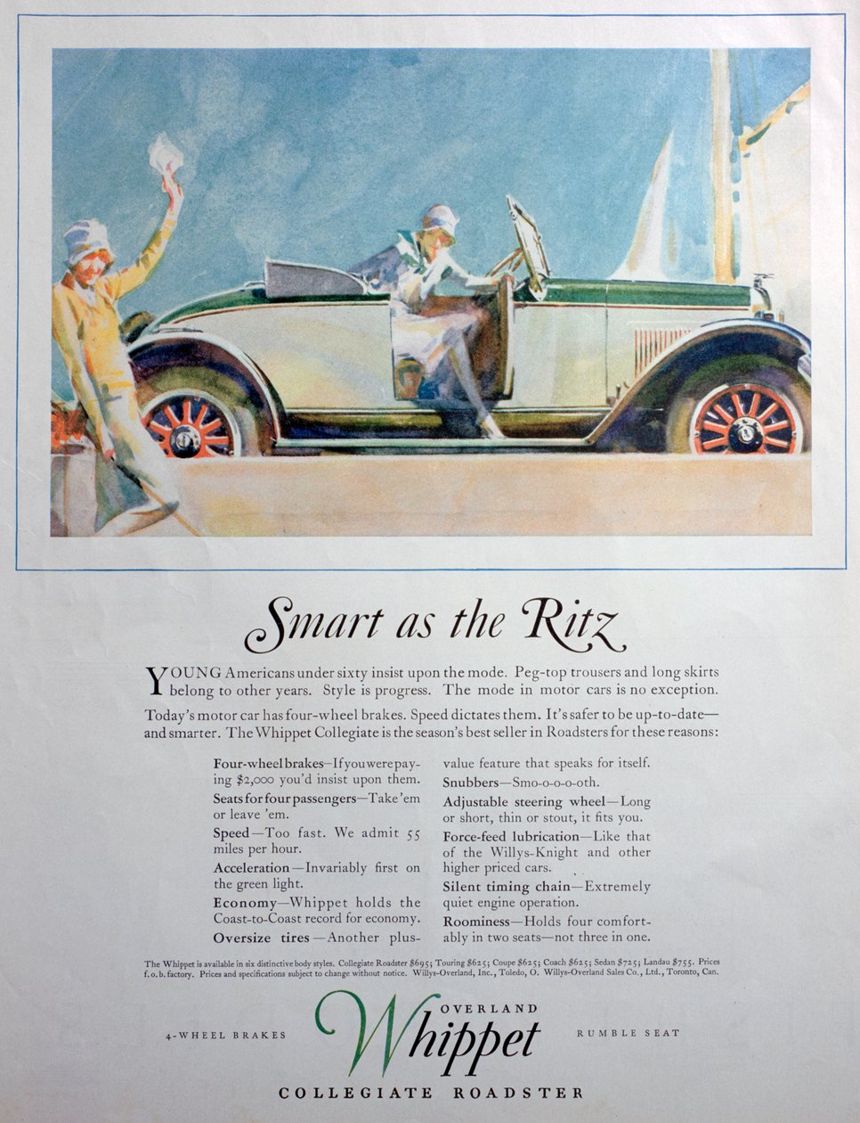Annons för Overland Whippet Collegiate Roadster-bilen, 1927 av Unbekannt