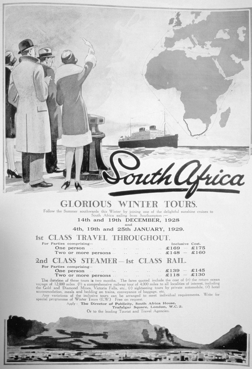 Annons för vinterturer i Sydafrika, 1928 av Unbekannt