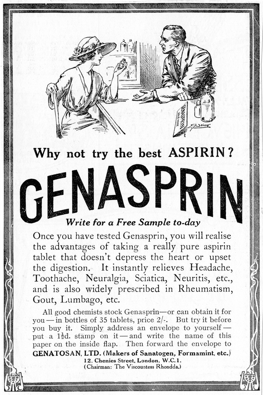 Annons för Genasprin, ett eget varumärke av läkemedlet Aspirin. 1919 av Unbekannt