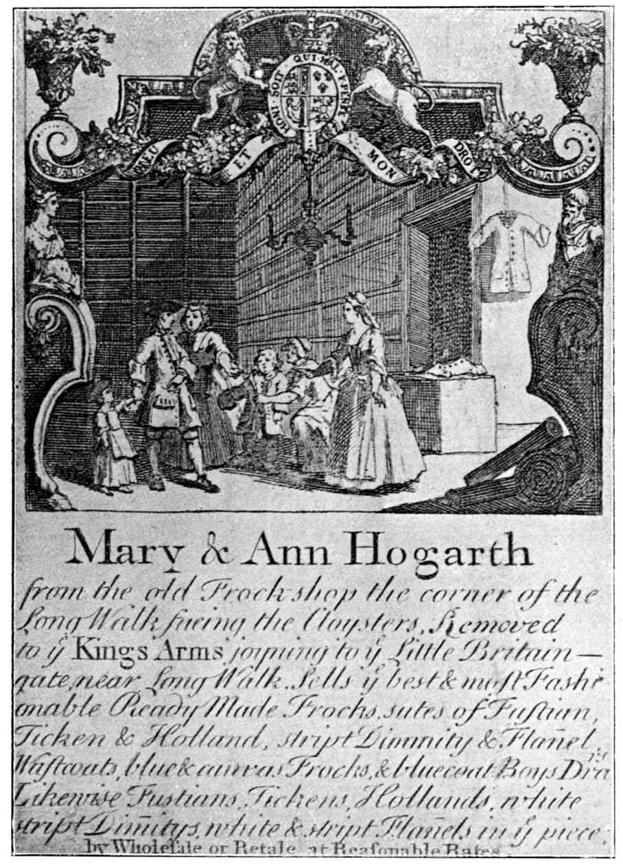 Annons för Mary och Ann Hogarths drapeributik, början av mitten av 1700-talet, 1901 av Unbekannt
