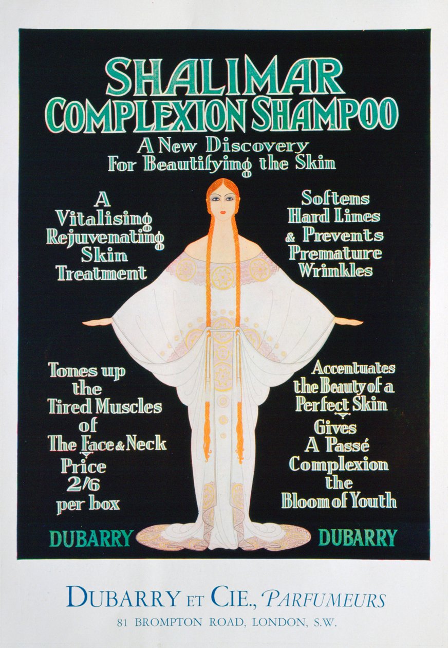 Annons för Shalimar complexion shampoo av Dubarry, 1930 av Unbekannt