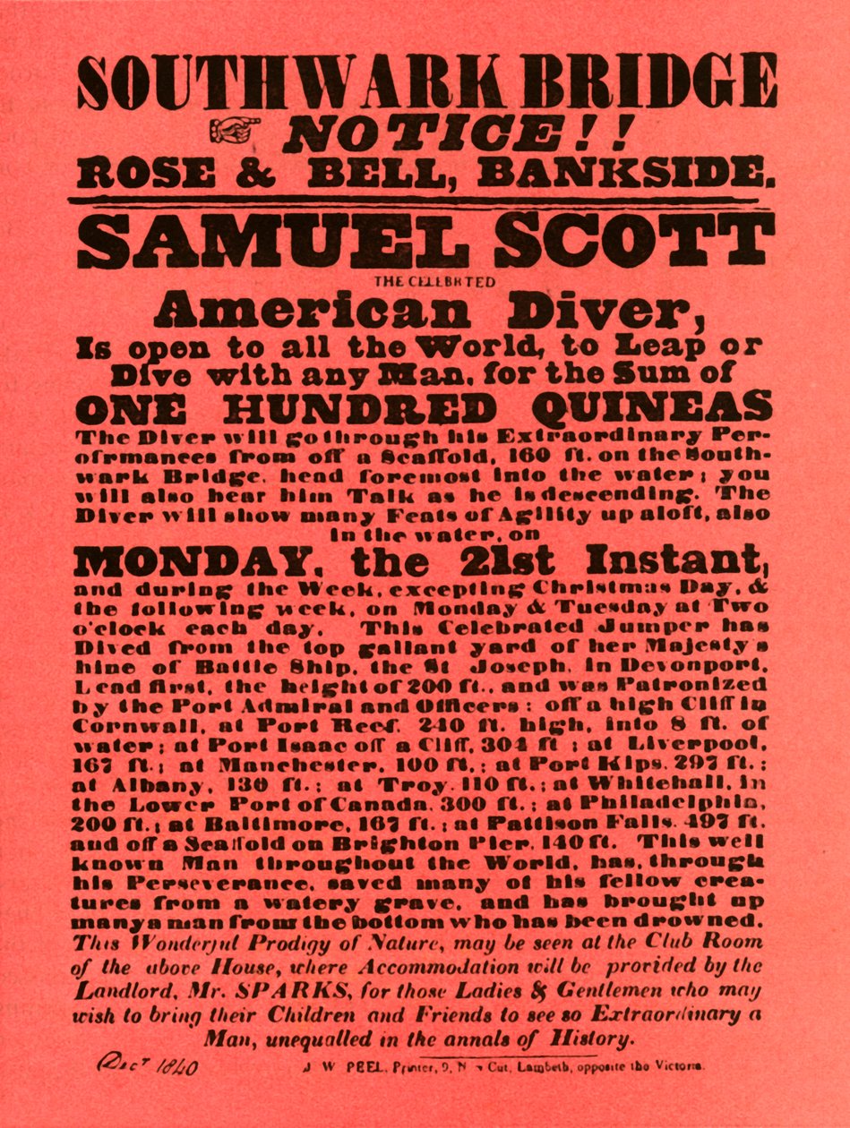 Annons för stuntshower av Samuel Scott, 1840, 1948. av Unbekannt
