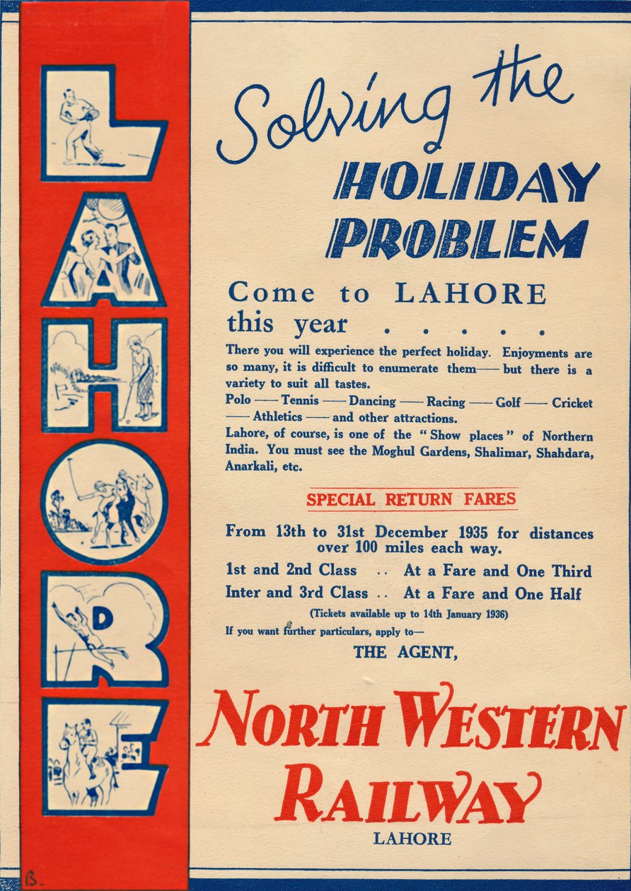 Annons för North Western Railway som främjar resor till Lahore, 1936. av Unbekannt
