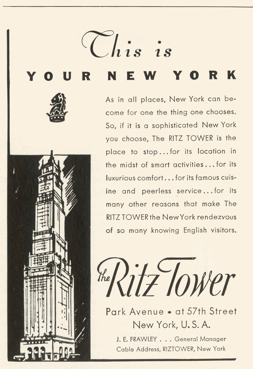 Annons för Ritz Tower Hotel i New York, 1934. av Unbekannt