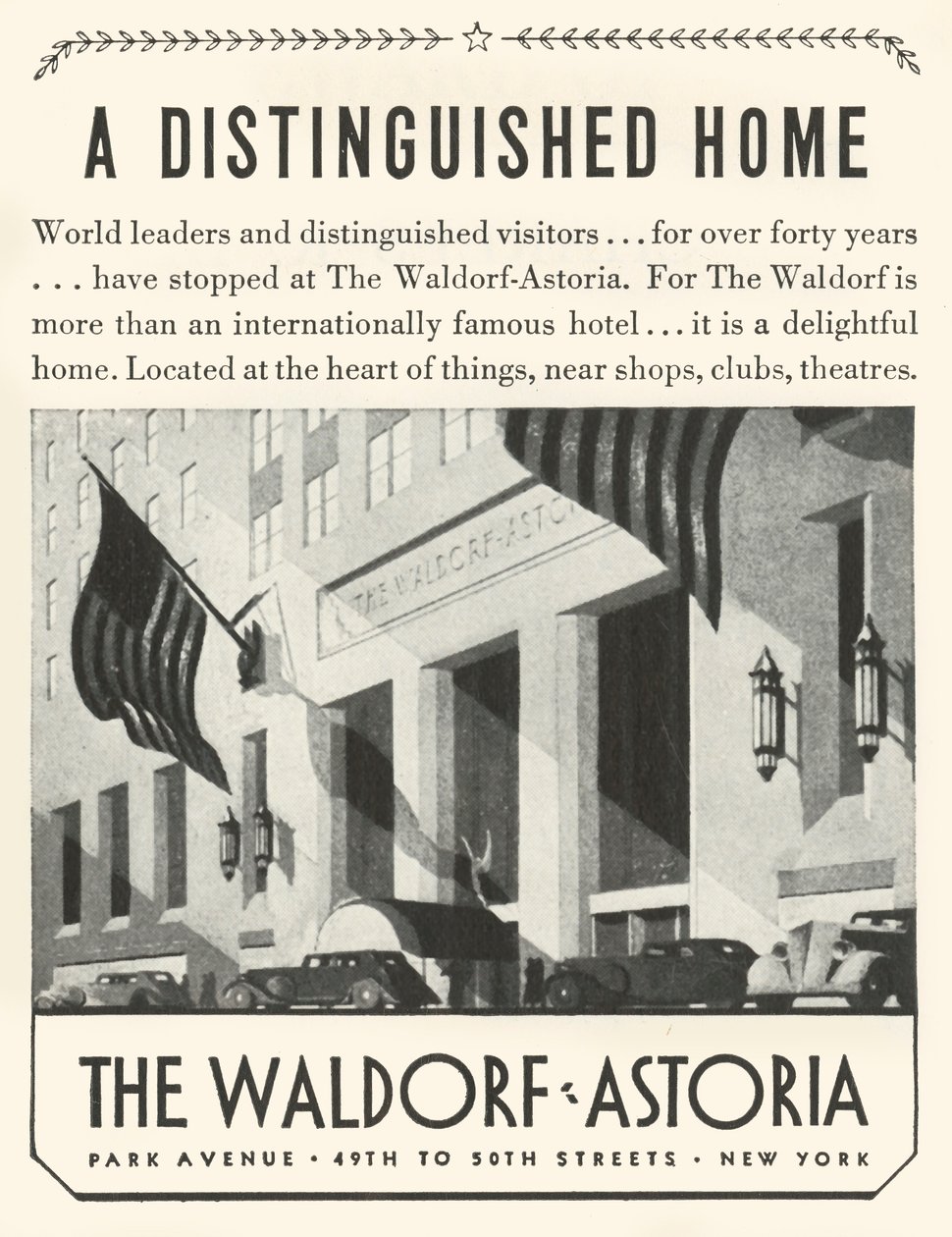 Annons för Waldorf-Astoria Hotel i New York, 1934. av Unbekannt