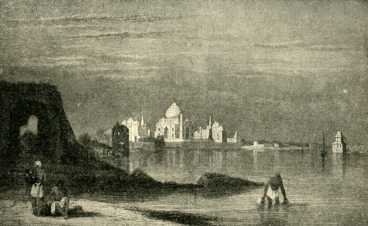 Agra och Taj Mahal från floden Jumna, 1820-talet, 1901. av Unbekannt