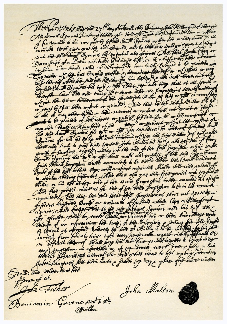 Avtal mellan John Millton och Samuel Symons, 27 april 1667 av Unbekannt