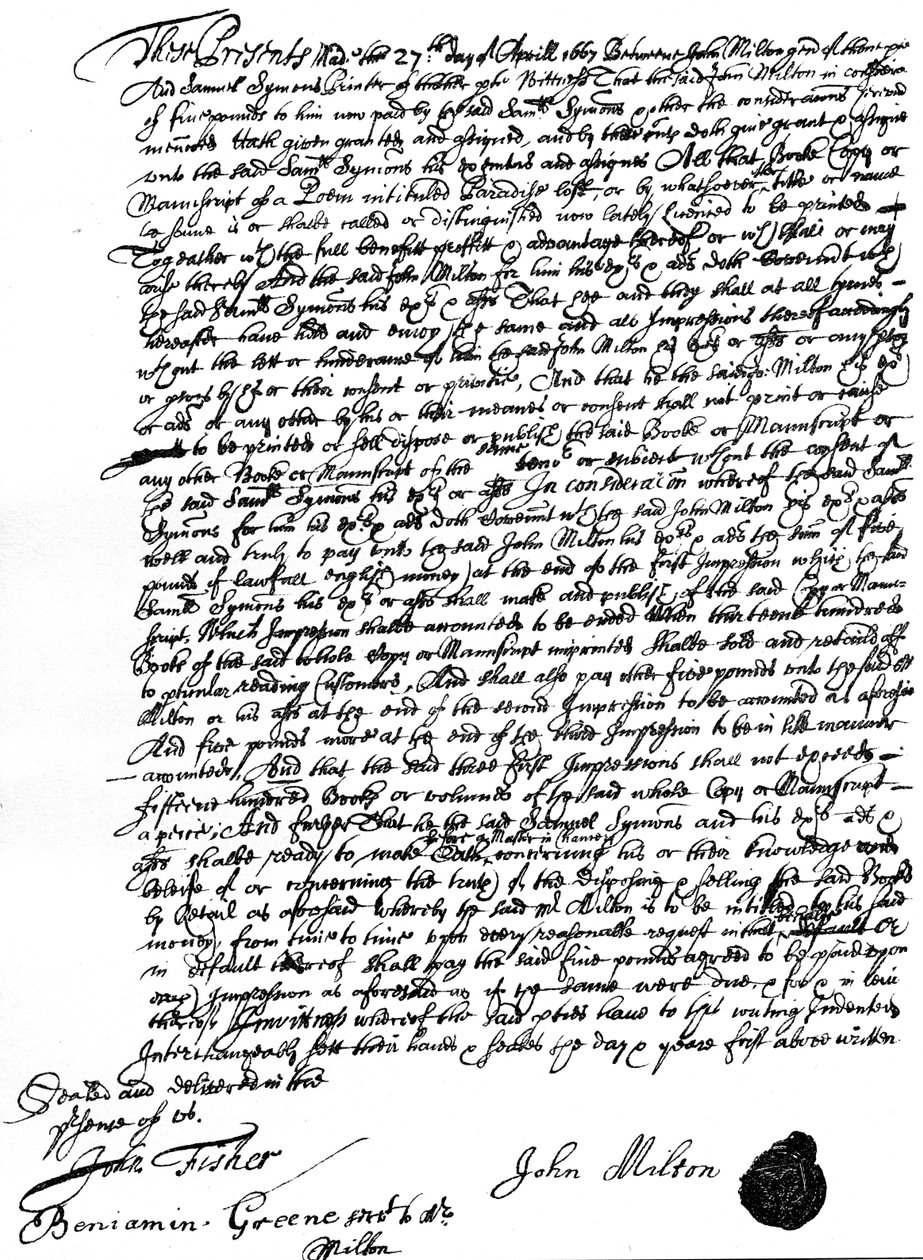 Avtal mellan John Milton och tryckeriet, Samuel Symons, om försäljning av upphovsrätten till "Paradise Lost", 27 april av Unbekannt