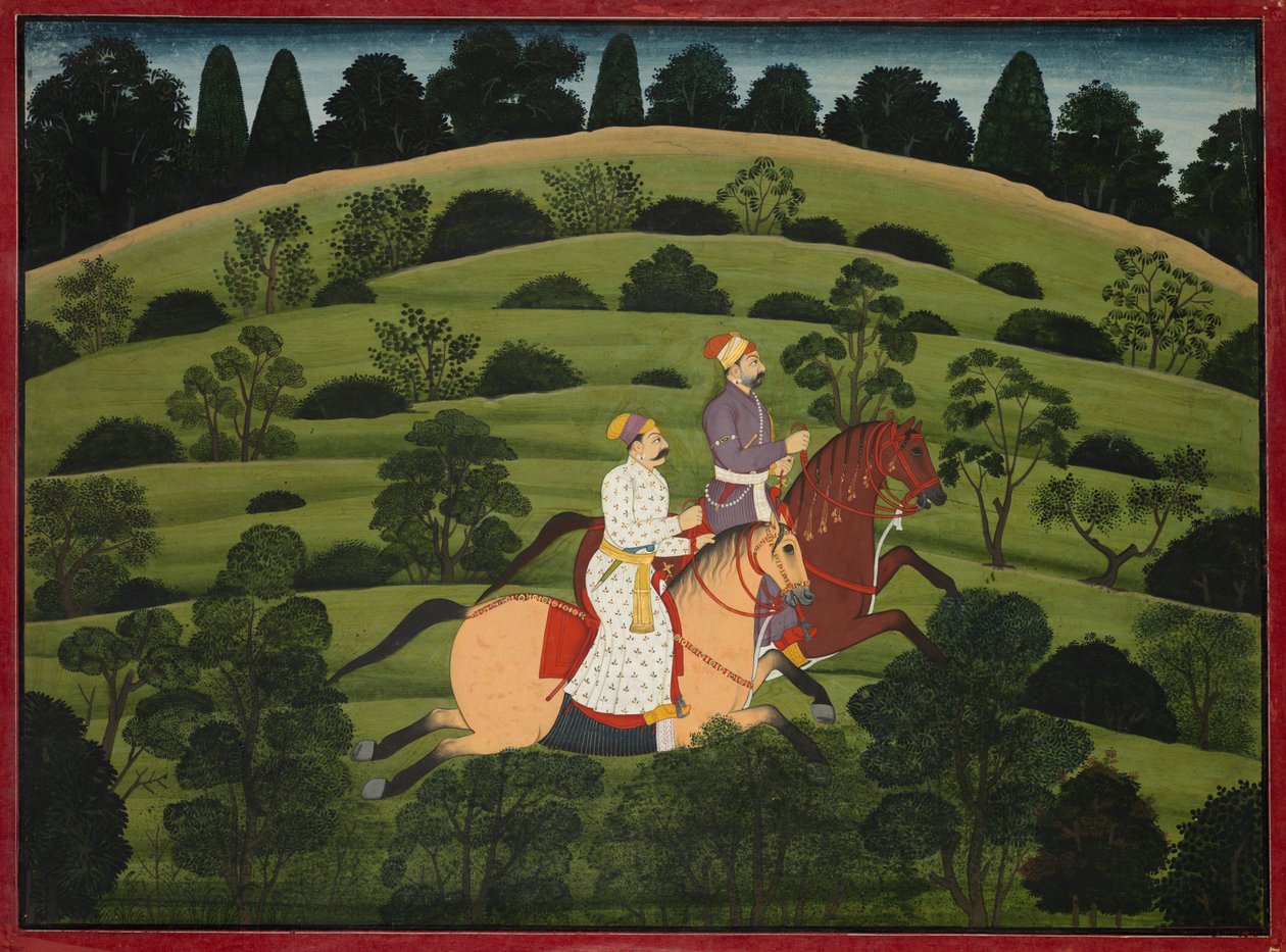 Akrura Rides Toward Dwarka, sida från den stora Basohli Bhagavata Purana, ca. 1760-1765. av Unbekannt