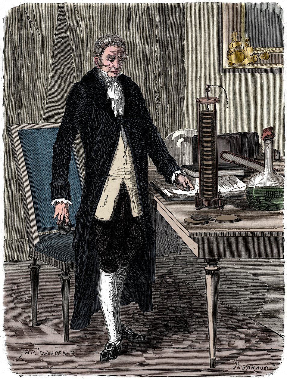 Alessandro Volta, italiensk fysiker, demonstrerar sitt elektriska högbatteri, c1800 c1870 av Unbekannt