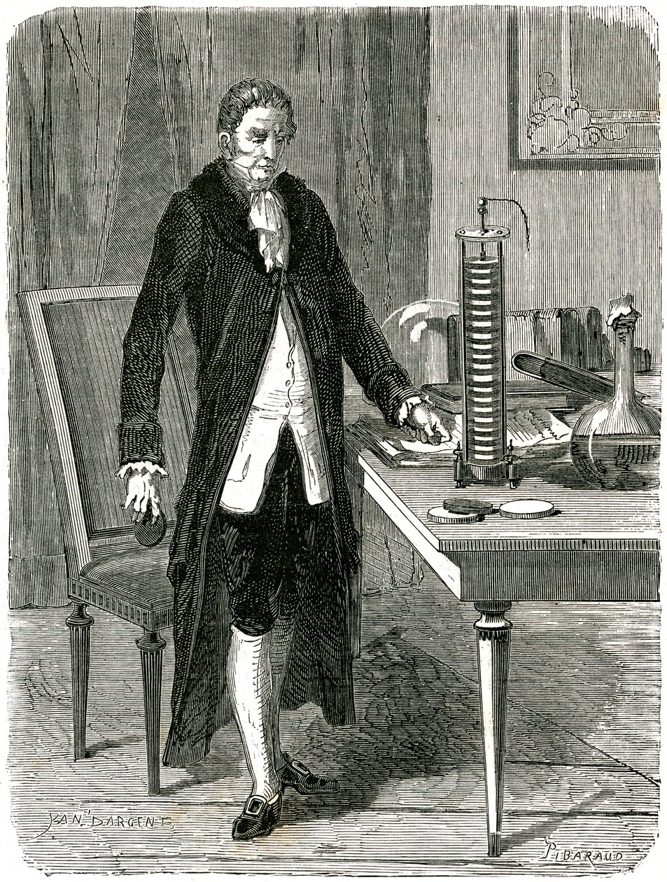 Alessandro Volta, italiensk fysiker, demonstrerar sitt elektriska högbatteri, c1800 c1870 av Unbekannt