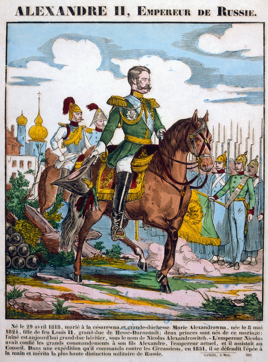 Alexander II, tsar av Ryssland, granskar trupper, c1855 av Unbekannt