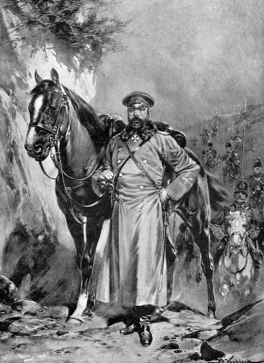 Alexei Nikolajevich Kuropatkin med sin häst, rysk-japanska kriget, 1904-5 av Unbekannt