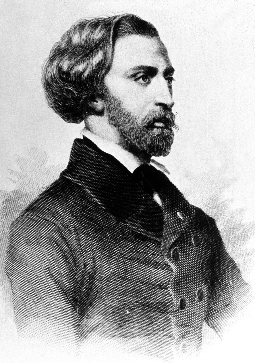 Alfred de Musset (1810-1857) fransk poet och författare, gravyr, ca. 1854 av Unbekannt