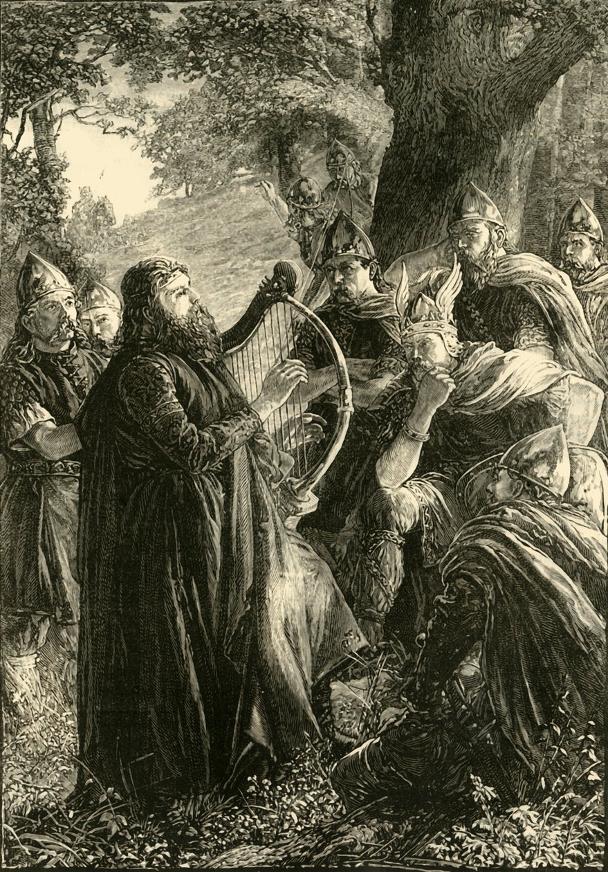 Alfred den store, förklädd till en harpare, spelar före Guthrum, 878, 1890. av Unbekannt