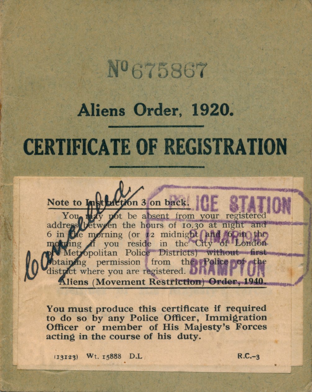 Utlänningsordning, registreringsbevis, 1920 av Unbekannt