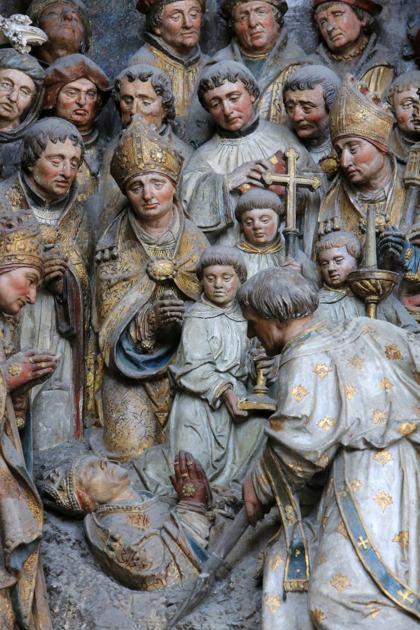 Amiens Översättning av relikerna från St. Firmin. Uppgrävning av kvarlevorna av martyren. Detalj av historien om St. Firmin som ligger ovanför den liggande Adrien Henencourt. Amiens katedral, Amiens, Frankrike av Unbekannt