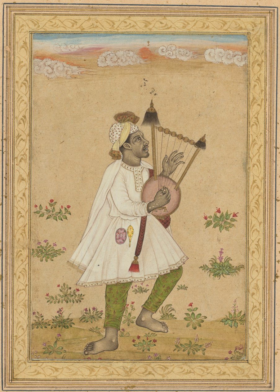 En afrikansk lyraspelare recto, kalligrafi verso, ca. 1640-1660. av Unbekannt