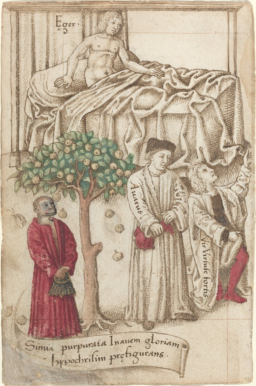 En apa i lila med en sjuk man, en god man och en snålhet [fol. 36 verso], c. 15121515. av Unbekannt