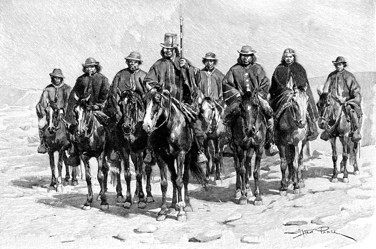 En araukansk mapuchehövding och hans stab, Chile, Argentina, 1895 av Unbekannt