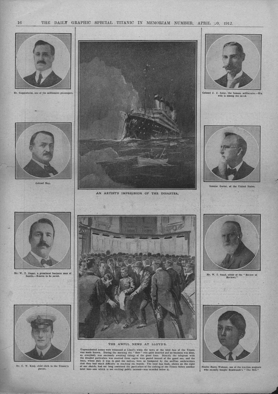 En artists intryck av katastrofen och de fruktansvärda nyheterna i Lloyds den 20 april 1912. av Unbekannt