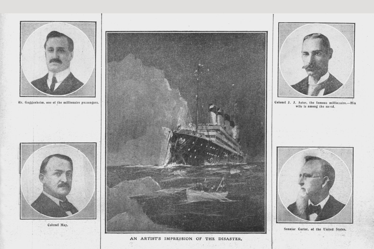 An Artists Impression of the Disaster, och porträtt av närstående personer, 20 april 1912. av Unbekannt