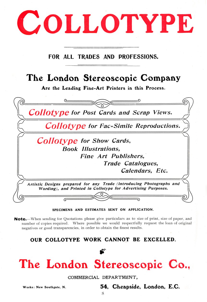 En annons för Collotype-processen som erbjuds av The London Stereoscopic Company, 1903 av Unbekannt