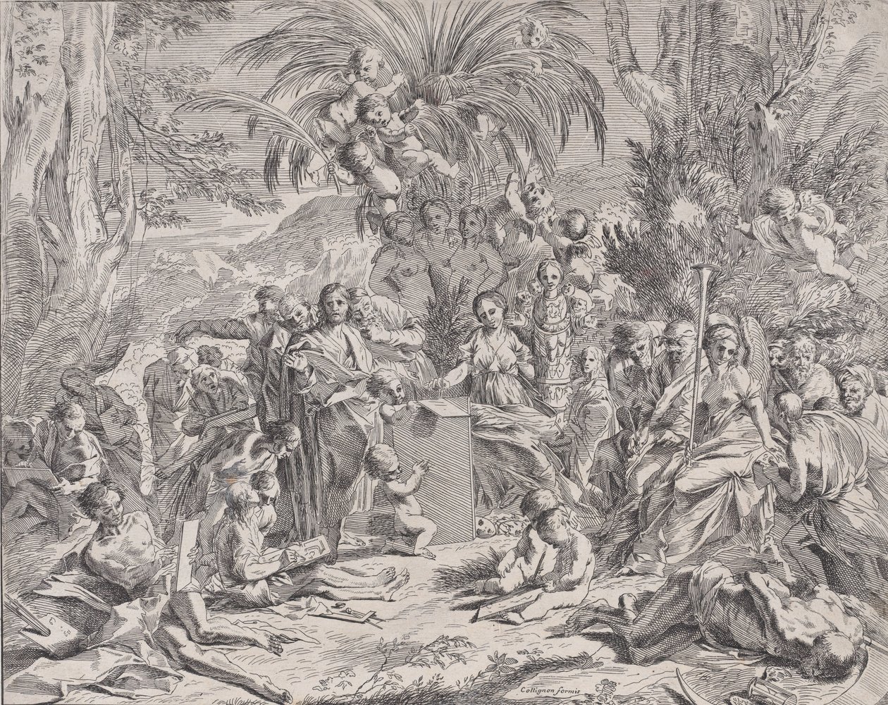 En allegori över måleriet, som som barn i mitten till vänster ritar på en tavla, surrou..., 1650-1700. av Unbekannt