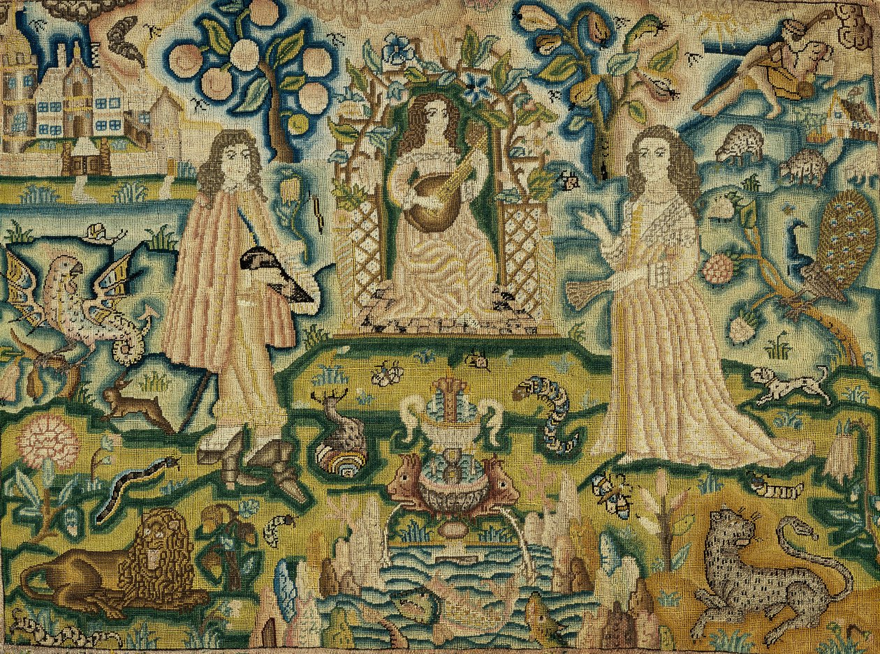 En broderad panel med en kvinna som spelar gitarr, 1600-tal av Unbekannt