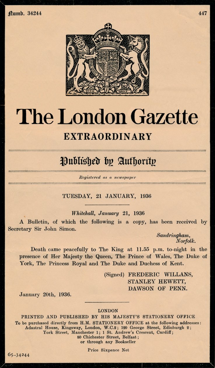 En extraordinär bulletin från The London Gazette som tillkännager kung George Vs död 1865-1936 av Unbekannt