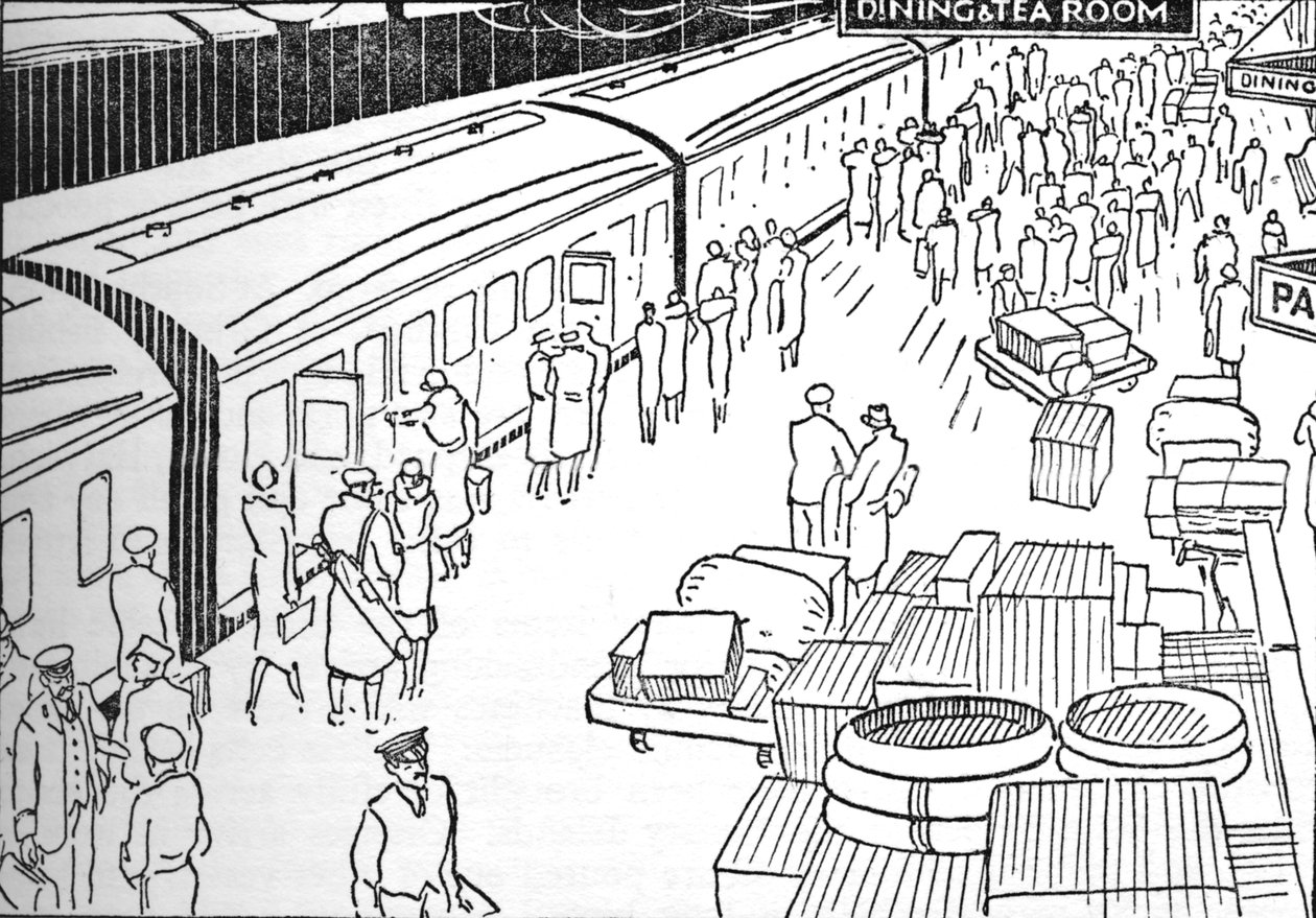 En illustration av en järnvägsstation från 1930-talet, 1937 av Unbekannt