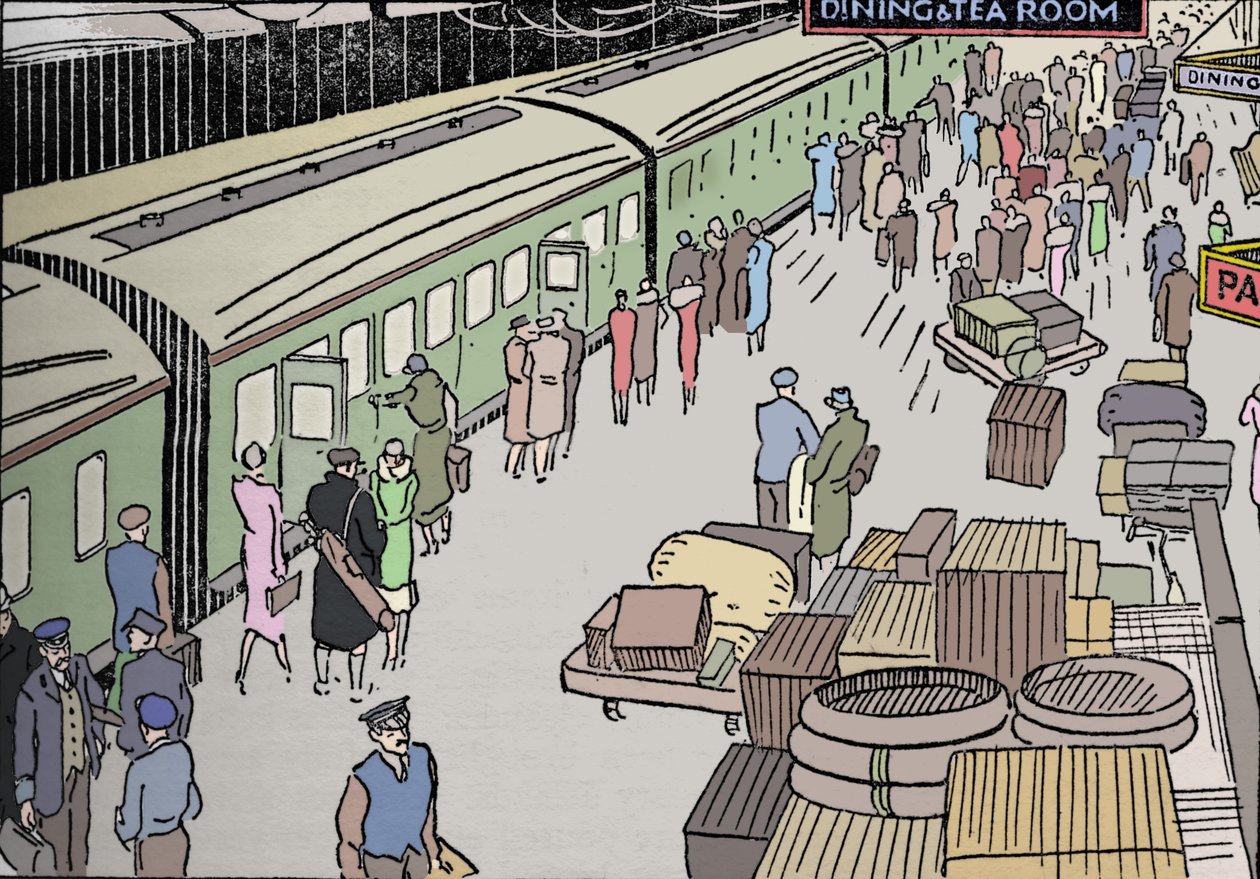 En illustration av en järnvägsstation från 1930-talet, 1937 av Unbekannt