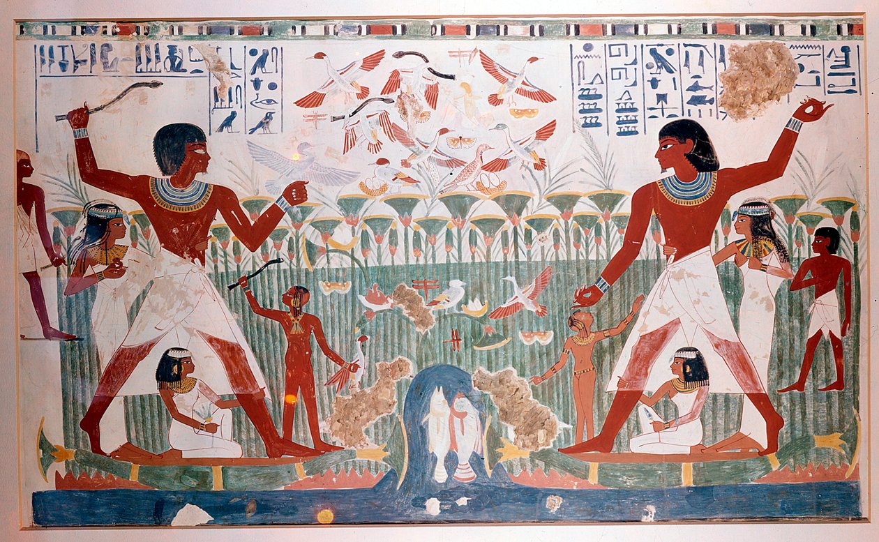 Forntida egyptier jagar vildfågel med kastpinnar av Unbekannt