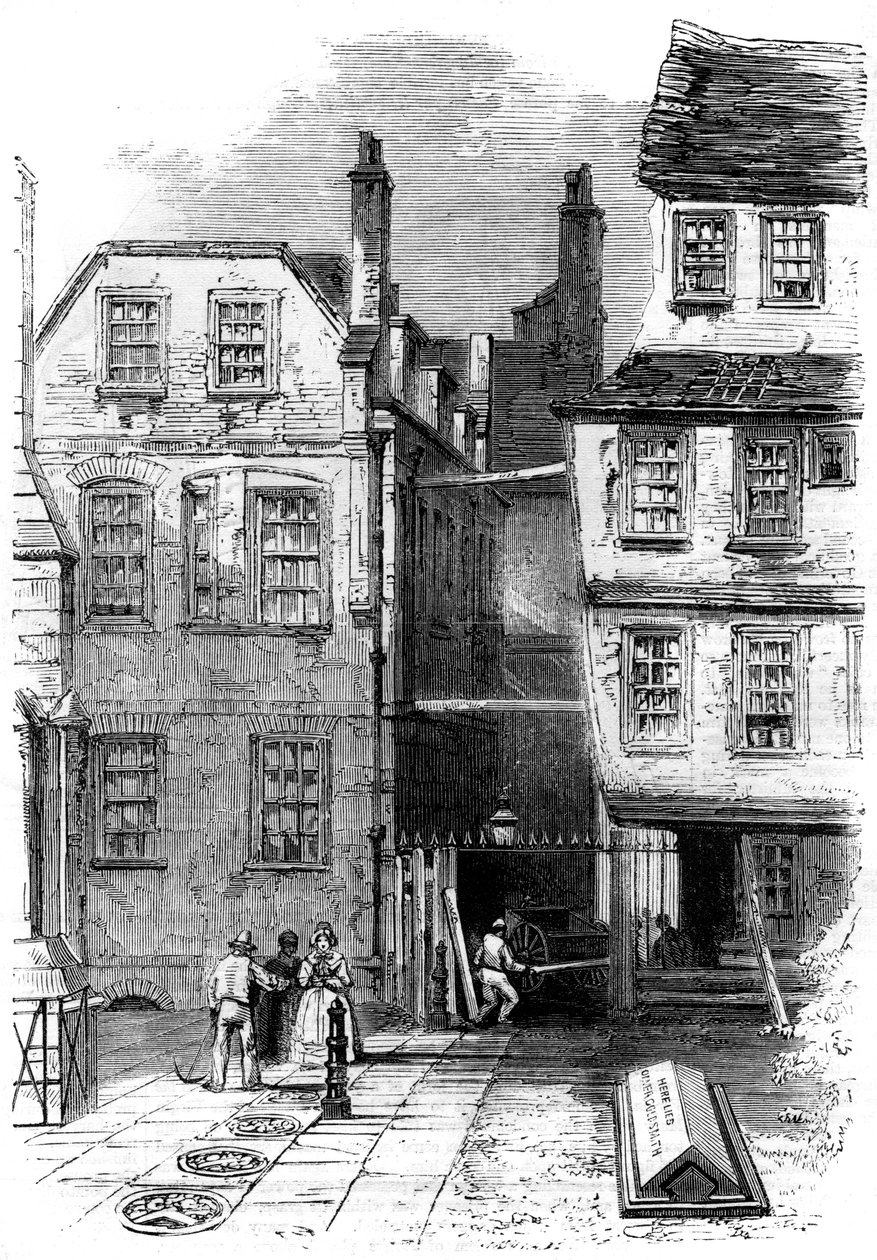 Gamla hus i templet och Oliver Goldsmiths grav, London, 1860 av Unbekannt