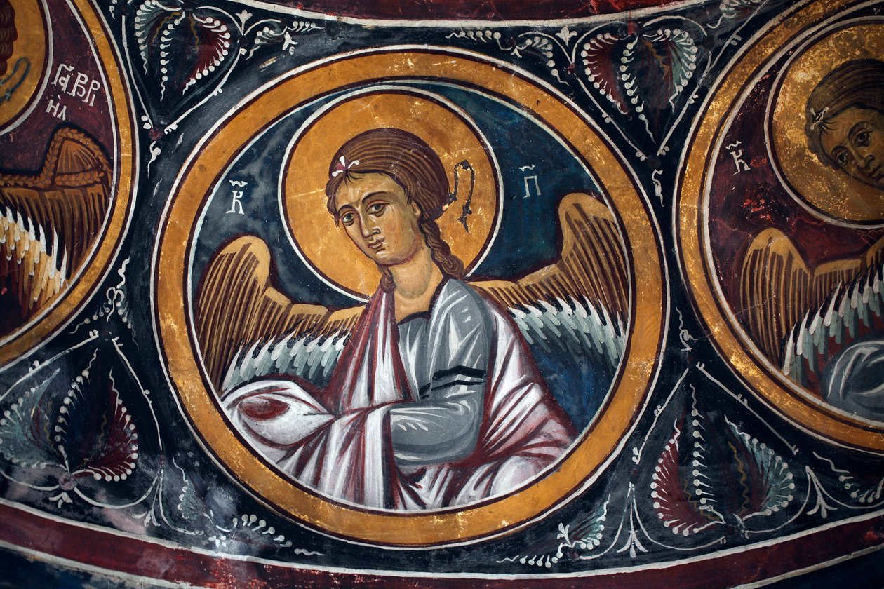 Ängelmedaljong runt Kristus och den sista domen Detalj av den bysantinska fresken från Narthex-valvet i kyrkan i Asinou Senaste domsscen 1300-talet (1332) UNESCO, världsarv Troodos-regionen, Cypern av Unbekannt
