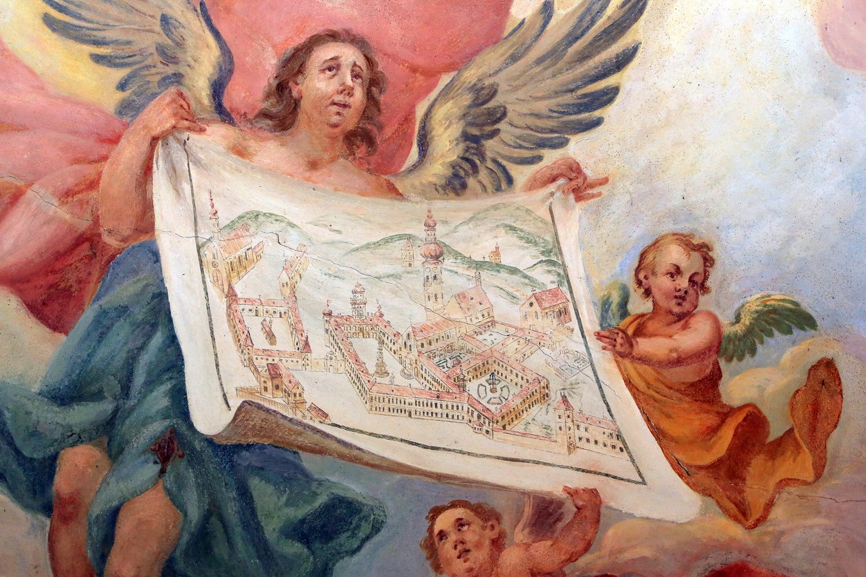 Ängel som håller en plan av klostret Heiligenkreuz. Heiligenkreuz Abbey, Wien, Österrike av Unbekannt