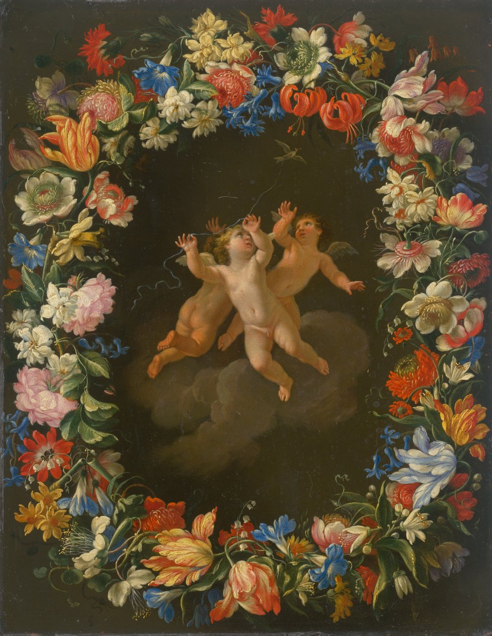 Änglar i en blomsterkrans II. av Unbekannt