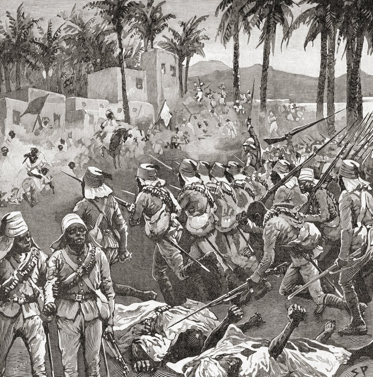 Anglo-egyptiska trupper stormar byn Ferkeh i slaget vid Ferkeh eller Firket, 7 juni 1896, under Mahdistkriget. av Unbekannt