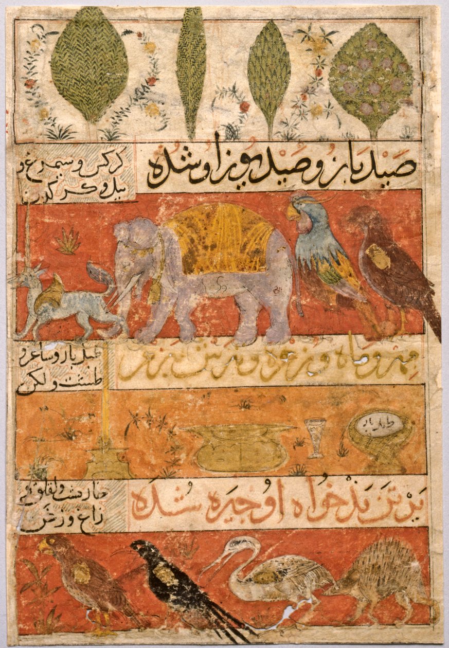 Djur, fåglar och växter verso, Illustration och text Persiska verser..., 1341. av Unbekannt