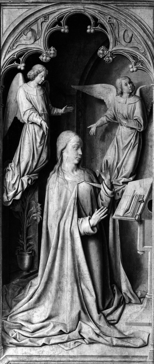 Annunciation Baksidan av tryptiken, vänster del. Målning av Master of Moulins eller Jean Hey (1450-1505) 1400-talet. Cathedrale Notre Dame, Moulins (Allier) av Unbekannt